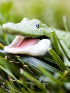 Preview wallpaper crocodile, toy, grass, face, smile