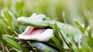 Preview wallpaper crocodile, toy, grass, face, smile