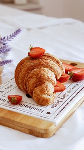 Preview wallpaper croissant, berries, strawberries, breakfast, flowers