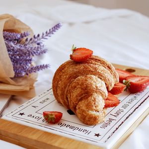 Preview wallpaper croissant, berries, strawberries, breakfast, flowers