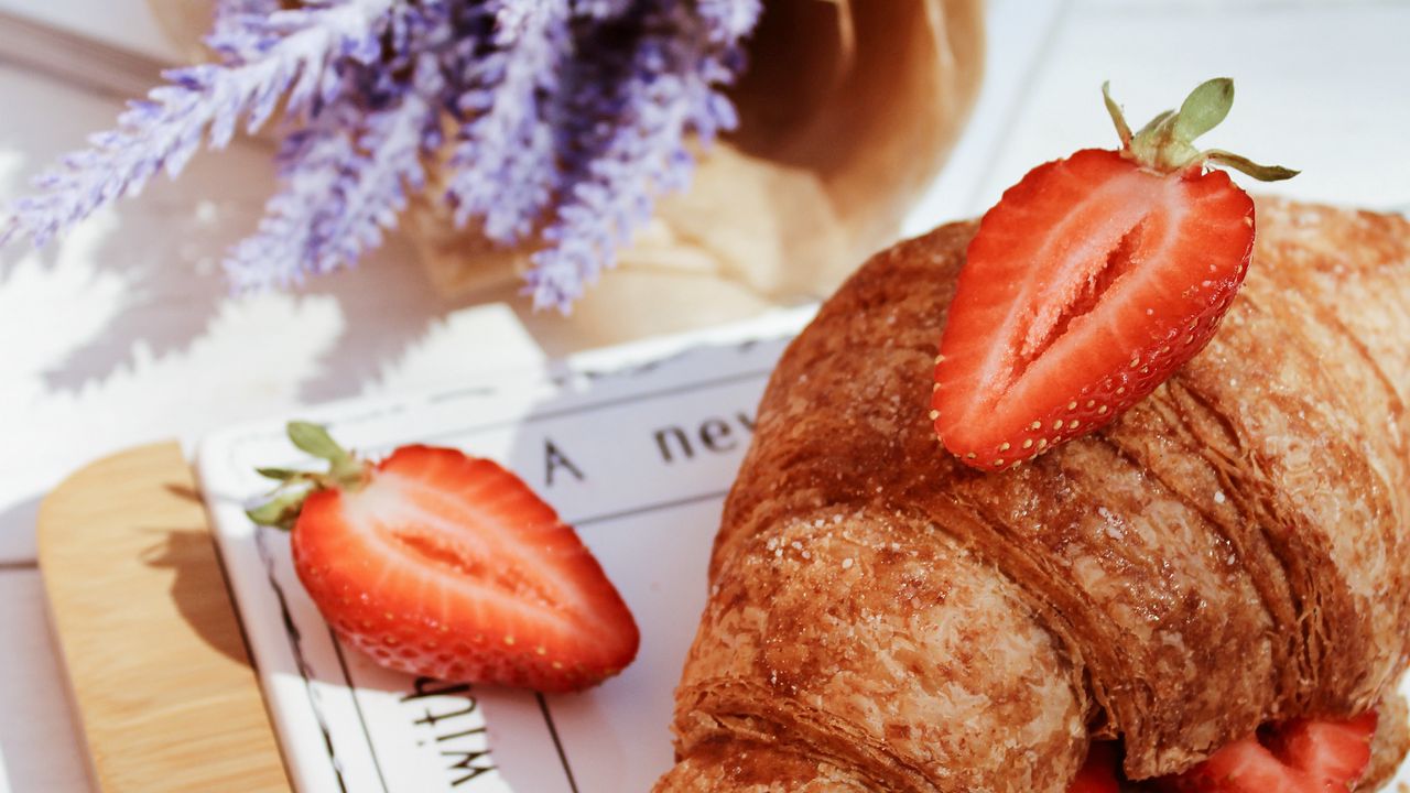 Wallpaper croissant, berries, strawberries, flowers, breakfast