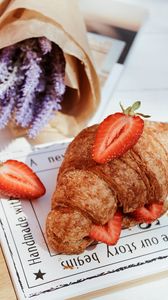 Preview wallpaper croissant, berries, strawberries, flowers, breakfast