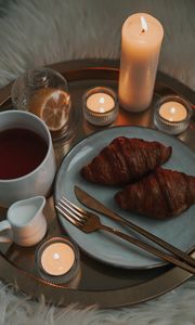 Preview wallpaper croissants, tea, candles, breakfast, dish