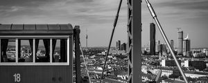 Preview wallpaper crossbar, railway carriage, tower, buildings, city, bw