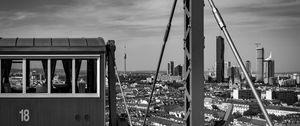 Preview wallpaper crossbar, railway carriage, tower, buildings, city, bw