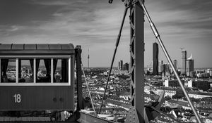 Preview wallpaper crossbar, railway carriage, tower, buildings, city, bw