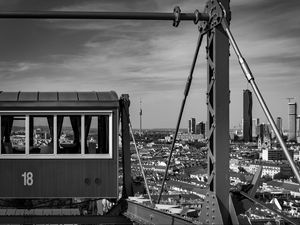 Preview wallpaper crossbar, railway carriage, tower, buildings, city, bw