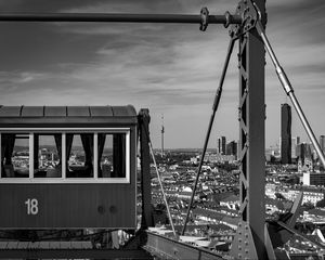 Preview wallpaper crossbar, railway carriage, tower, buildings, city, bw
