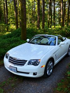 Preview wallpaper crossfire srt6, chrysler, convertible, forest, white, road, trees