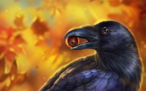 Preview wallpaper crow, bird, art, beak, acorn, leaves