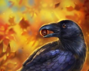 Preview wallpaper crow, bird, art, beak, acorn, leaves