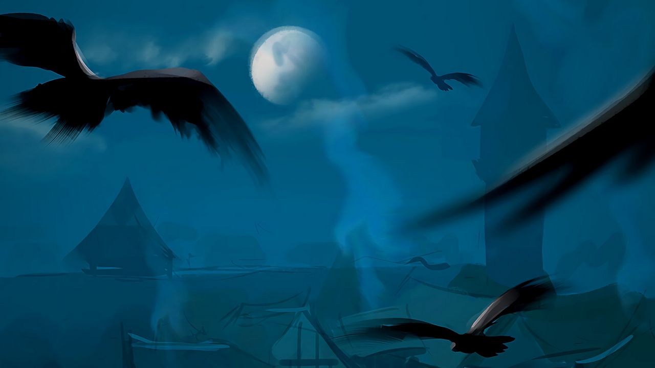 Wallpaper crows, birds, moon, buildings, art