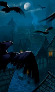 Preview wallpaper crows, birds, moon, buildings, art