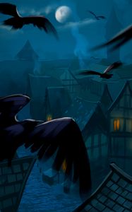 Preview wallpaper crows, birds, moon, buildings, art