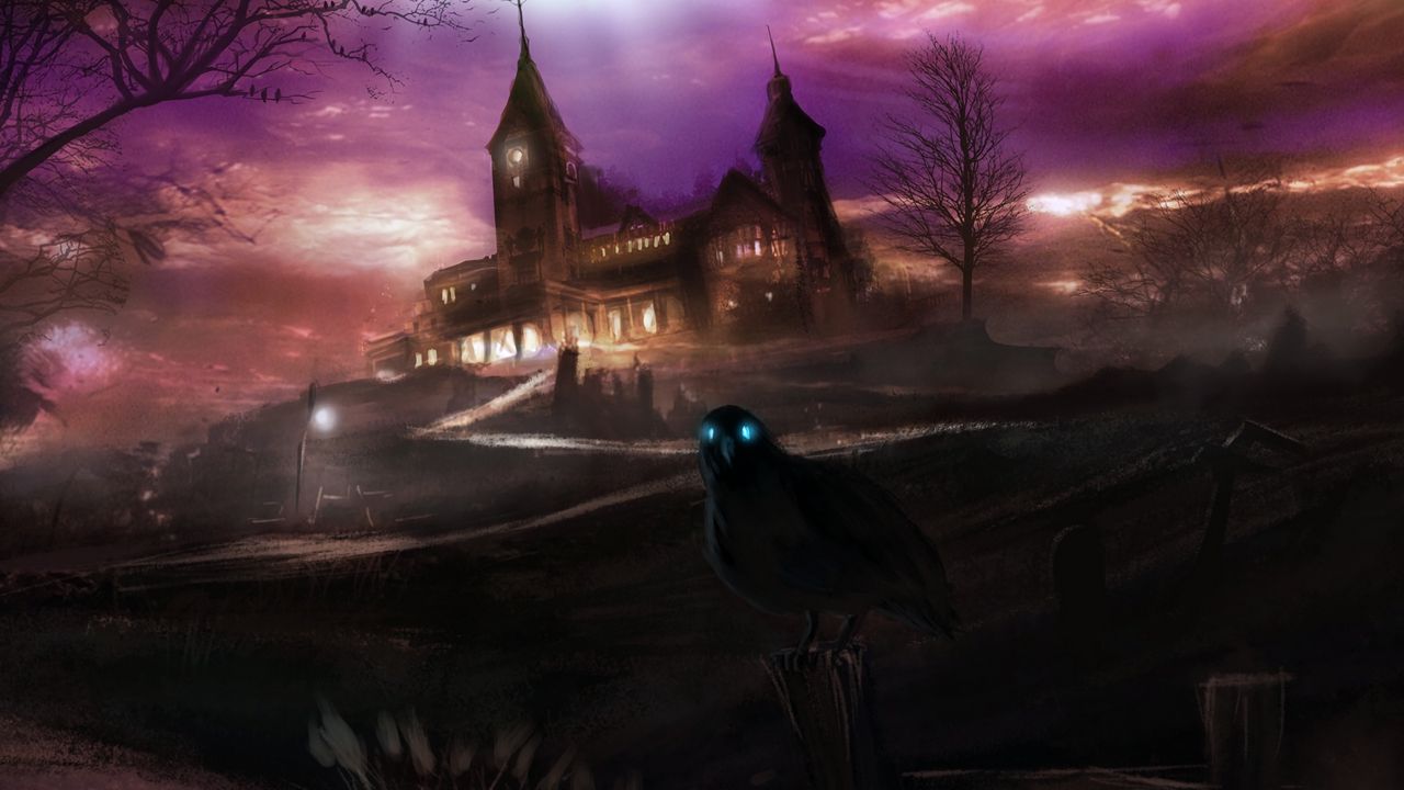 Wallpaper crows, creepy, house, hill, dark