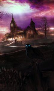 Preview wallpaper crows, creepy, house, hill, dark