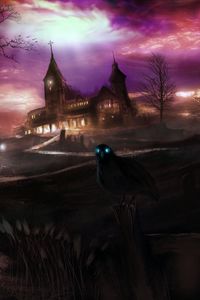 Preview wallpaper crows, creepy, house, hill, dark
