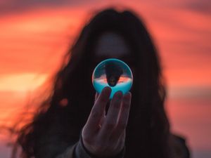 Preview wallpaper crystal ball, ball, hand, girl, reflection