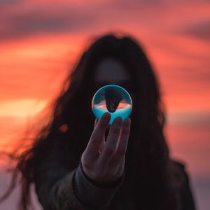 Preview wallpaper crystal ball, ball, hand, girl, reflection