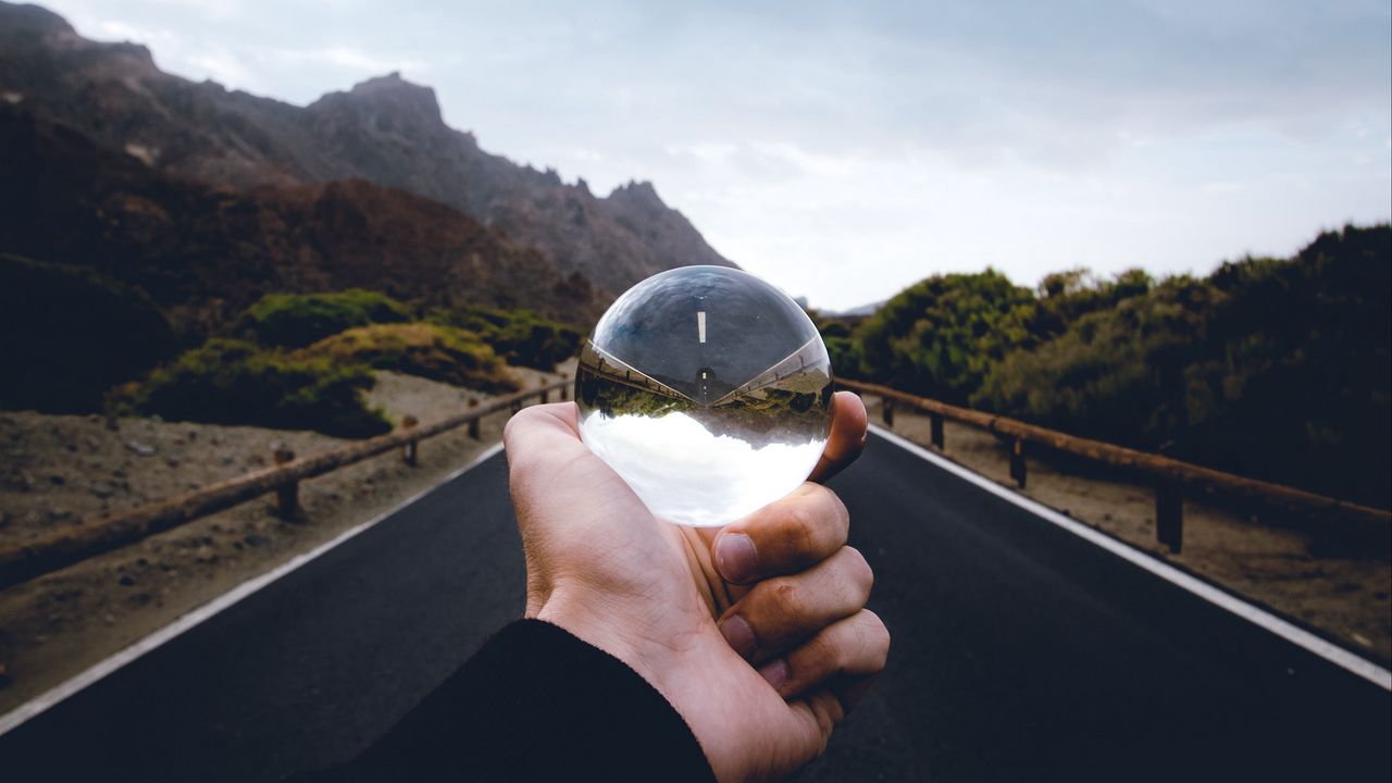 Wallpaper crystal ball, ball, hand, road, reflection