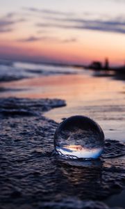 Preview wallpaper crystal ball, ball, reflection, beach, sea, sunset