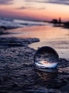 Preview wallpaper crystal ball, ball, reflection, beach, sea, sunset