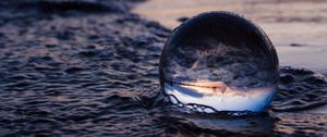 Preview wallpaper crystal ball, ball, reflection, beach, sea, sunset