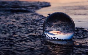 Preview wallpaper crystal ball, ball, reflection, beach, sea, sunset