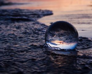 Preview wallpaper crystal ball, ball, reflection, beach, sea, sunset