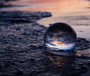 Preview wallpaper crystal ball, ball, reflection, beach, sea, sunset