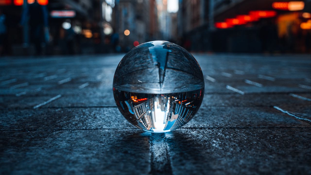 Wallpaper crystal ball, ball, sphere, reflection, city