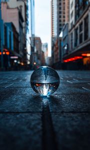 Preview wallpaper crystal ball, ball, sphere, reflection, city