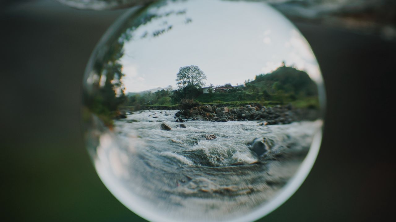 Wallpaper crystal ball, ball, sphere, reflection, river