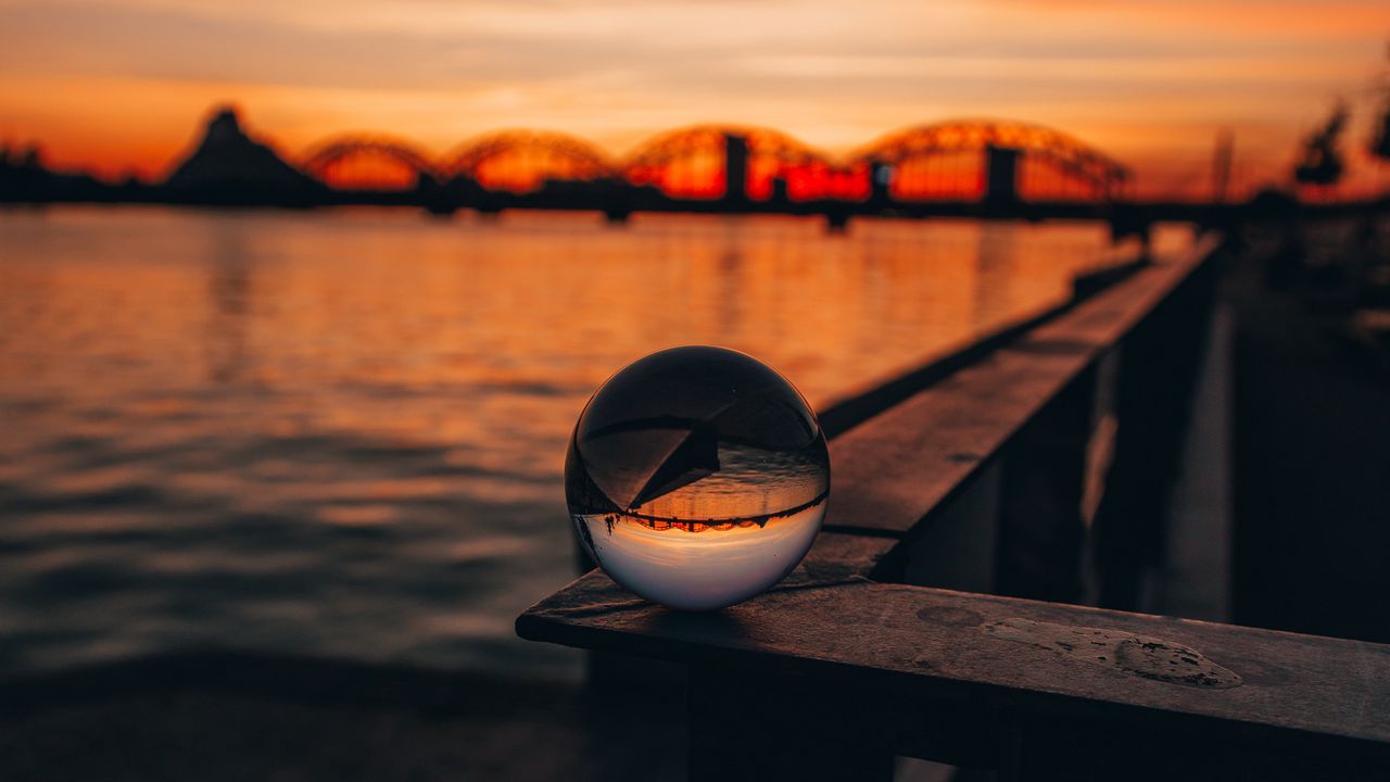 Wallpaper crystal ball, sphere, reflection, sunset, twilight