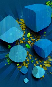 Preview wallpaper cube, leaves, dark blue, green, vector