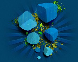 Preview wallpaper cube, leaves, dark blue, green, vector