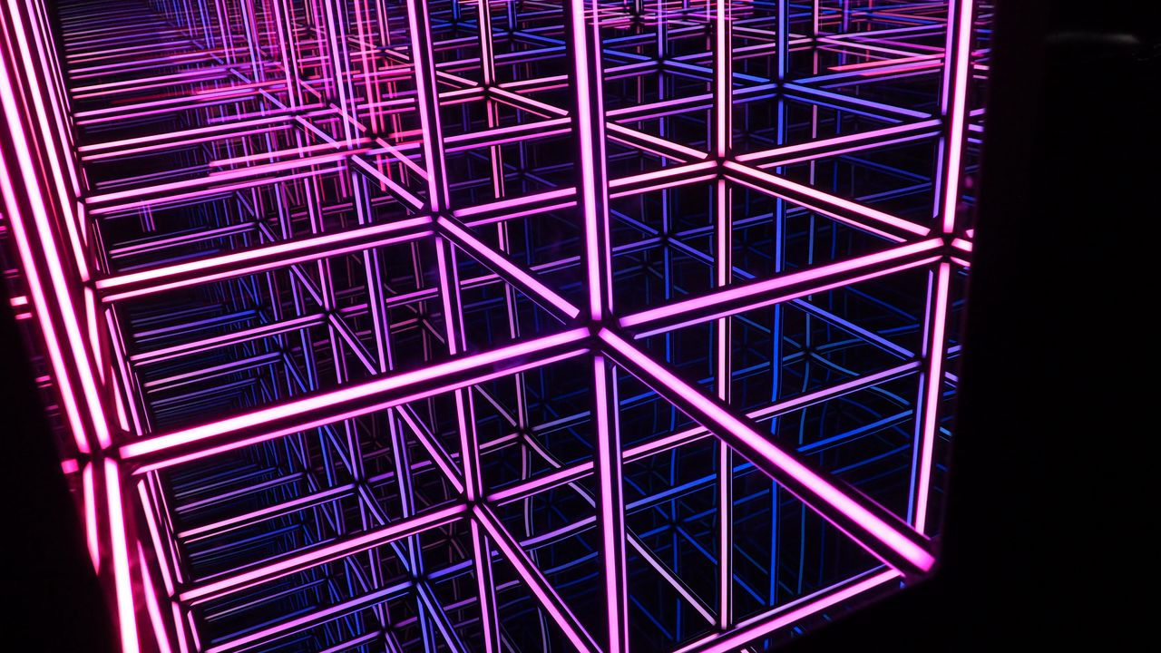 Wallpaper cube, neon, light, reflection, purple, dark