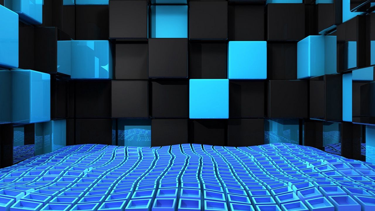 Wallpaper cube, squares, space, blue, black, weightlessness