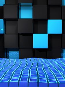 Preview wallpaper cube, squares, space, blue, black, weightlessness