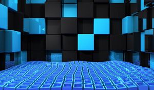 Preview wallpaper cube, squares, space, blue, black, weightlessness