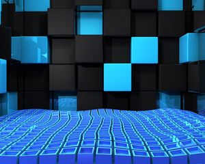 Preview wallpaper cube, squares, space, blue, black, weightlessness