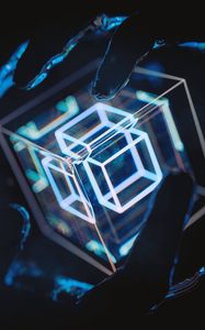 Preview wallpaper cubes, glass, glow, hands, dark