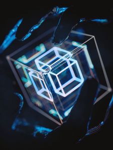 Preview wallpaper cubes, glass, glow, hands, dark