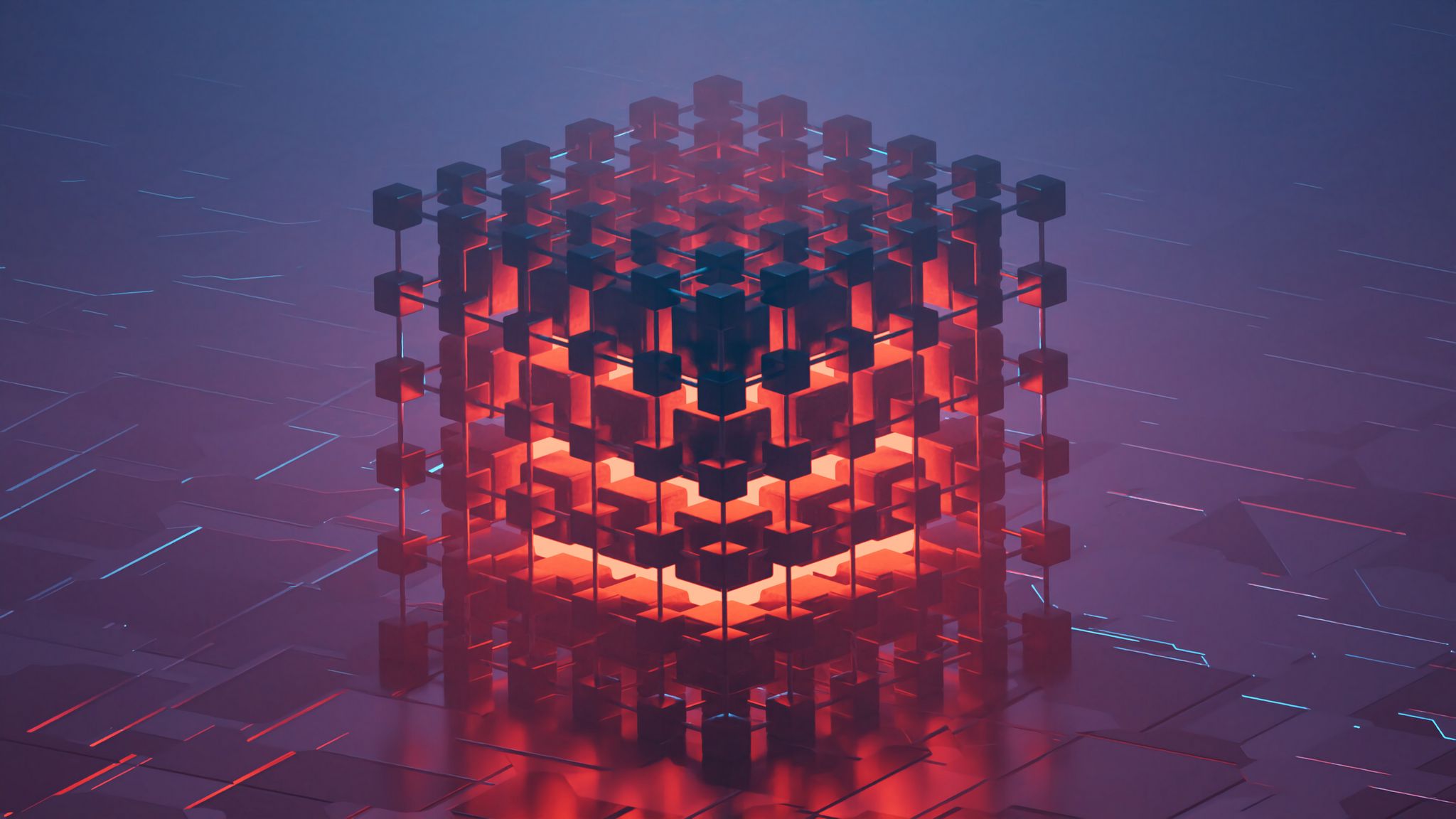 2048x1152 Wallpaper cubes, lines, glow, red