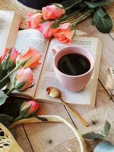 Preview wallpaper cup, book, flowers, roses, tea