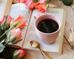 Preview wallpaper cup, book, flowers, roses, tea