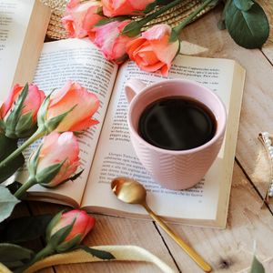 Preview wallpaper cup, book, flowers, roses, tea