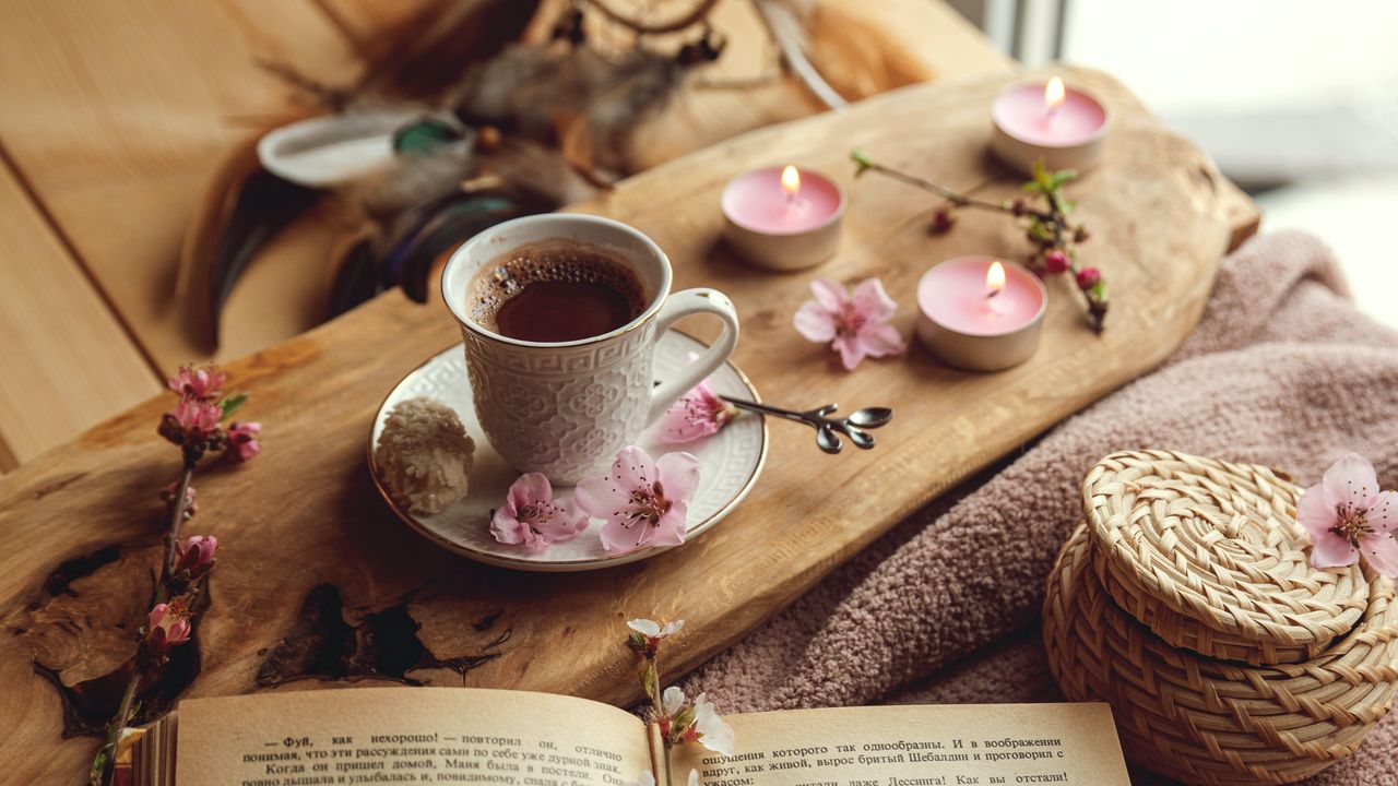 Wallpaper cup, book, flowers, cocoa, drink, candles