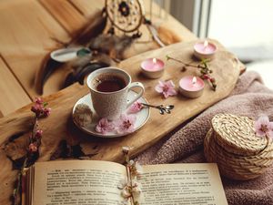 Preview wallpaper cup, book, flowers, cocoa, drink, candles