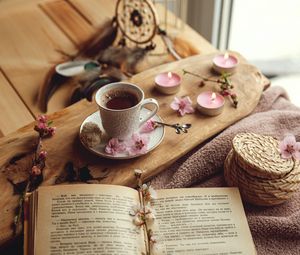 Preview wallpaper cup, book, flowers, cocoa, drink, candles